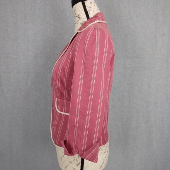 Express | Blazer Pink Ivory Stripe Fitted Lined Jacket Cotton Stretch | Size 4 - Picture 5 of 9
